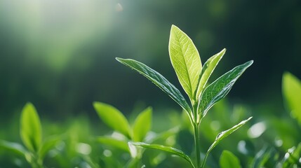 Young tea plant shoots in sunlight, lush green background, nature growth