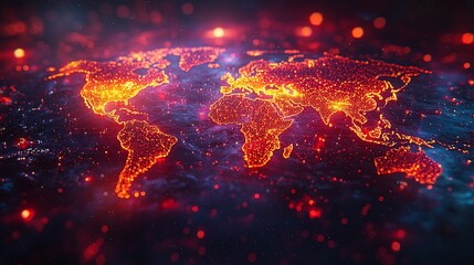 A vibrant digital world map illuminated with fiery colors, showcasing global connectivity and data flow