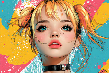 Colorful digital portrait of a girl with pigtails against a vibrant background. Possible use Social media post, website graphic