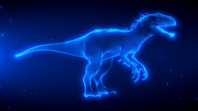Glowing holographic 3D render of a Indominus Rex, showcasing a futuristic digital visualization. Perfect for sci-fi, technology, and prehistoric themes