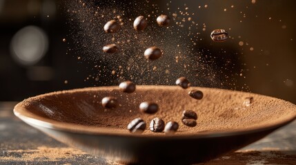 Delicious coffee beans dance above a bowl filled with cocoa powder. A captivating moment capturing the essence of flavor and aroma in coffee preparation.