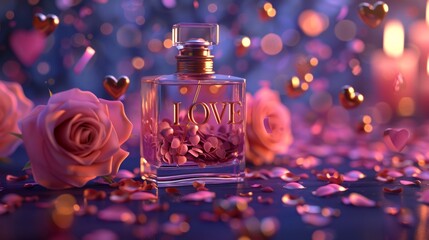 Romantic perfume bottle surrounded by roses and heart-shaped confetti in a soft, colorful setting
