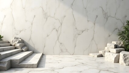 Cream marble walls with stone staircase and plants along the walkway.