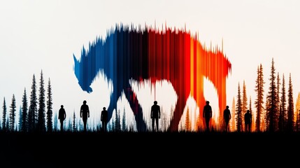Silhouetted figures stand before a vibrant, abstract depiction of a large beast in a forest setting.  A blend of cool and warm colors creates a dramatic mood.