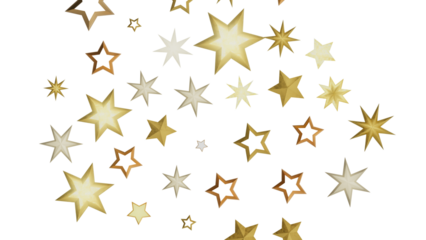A collection of golden stars on a black background. The stars are of different sizes and are arranged in a random pattern.