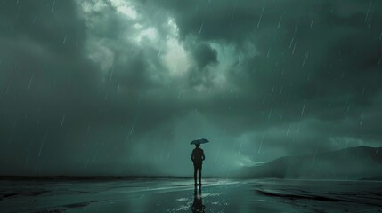 Obraz premium Background with a lonely man under an umbrella in the pouring rain, creating a melancholic and pensive atmosphere, ideal for illustrations for literary works or art projects.