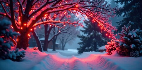 Obraz premium Red Christmas Light Canopy Over Snowy Branches, Christmas, Lights, Snow