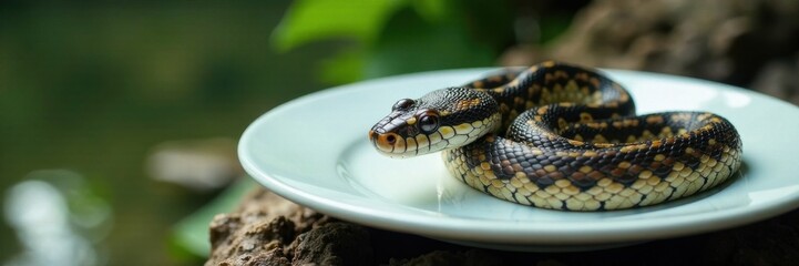 Fototapeta premium Water snake beside white plate, water, table, green