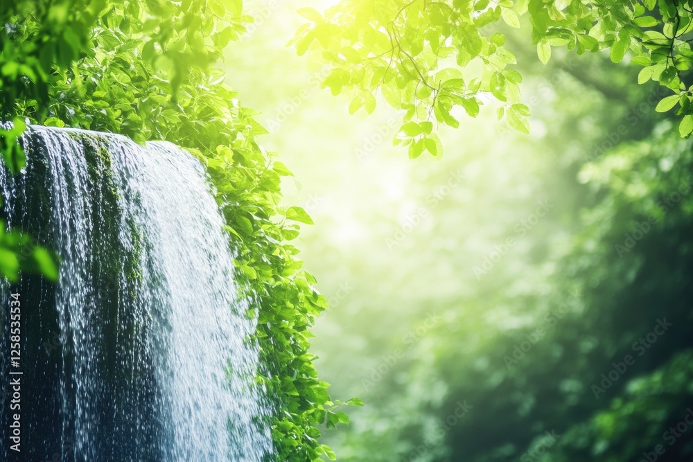 Poster beautiful waterfall cascading down rocks amidst lush green foliage in a serene forest during dayligh