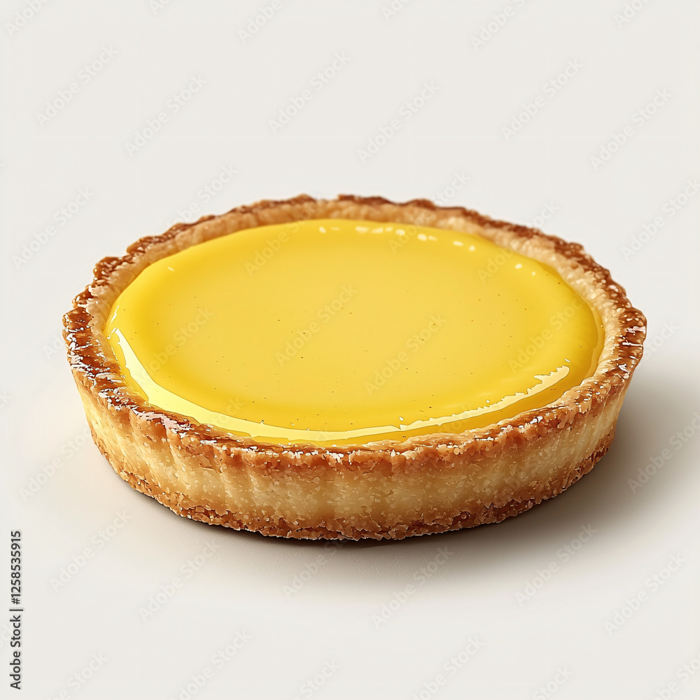 Poster Close-up of a single golden yellow custard tart with a flaky pastry crust on a white surface.