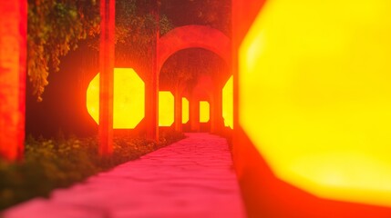 A surreal pathway glows with warm, vibrant hues.  Octagonal lights illuminate the mystical scene.