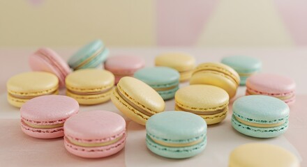 Obraz premium Colorful Macarons Display on Tabletop a Sweet Dessert Treat