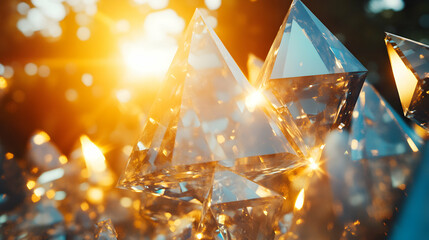 Golden Hour Gems, Crystalline Structures Shimmer Brightly in Sunlight, Reflecting Light and Radiating Warmth