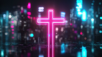 Neon Cross in Cityscape Reflections