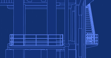 Blue lines drawing industrial building architectural design line art stairs