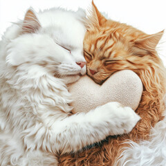 Obraz premium A fluffy plush cat hugging a big heart tightly, looking adorable, soft fabric texture, ultra-realistic lighting, detailed stitches, isolated background