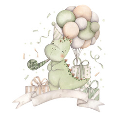 Dinosaurs Birthday Party. Watercolor hand-drawn illustration with baby dino in a cap, with balloons, gifts and confetti.