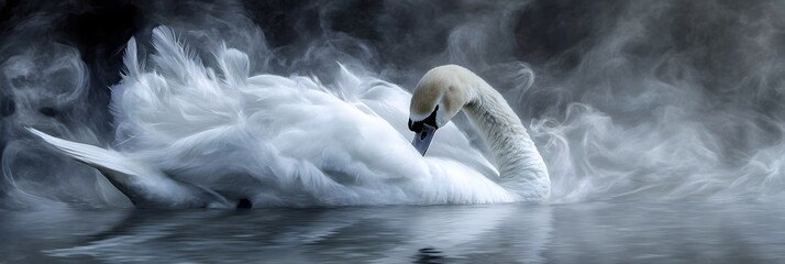 A majestic swan adorned in a sumptuous feathered cloak exuding regal elegance against a tranquil misty lakeside backdrop