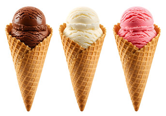 Delicious Ice Cream Cones in Chocolate, Vanilla, and Strawberry Flavors