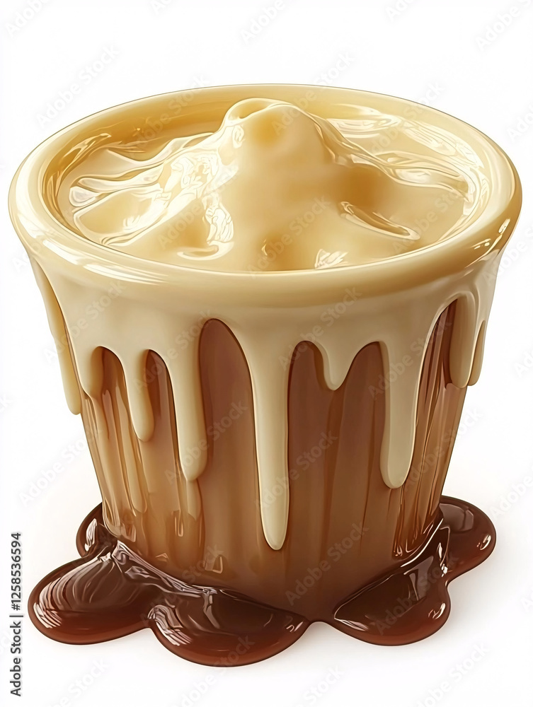 Poster Creamy dessert in a bowl with caramel drizzles, showing smooth textures and inviting sweetness.