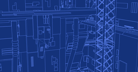 Architectural blueprint line drawing buildings symmetrical construction lines abstract HD 4K blue background