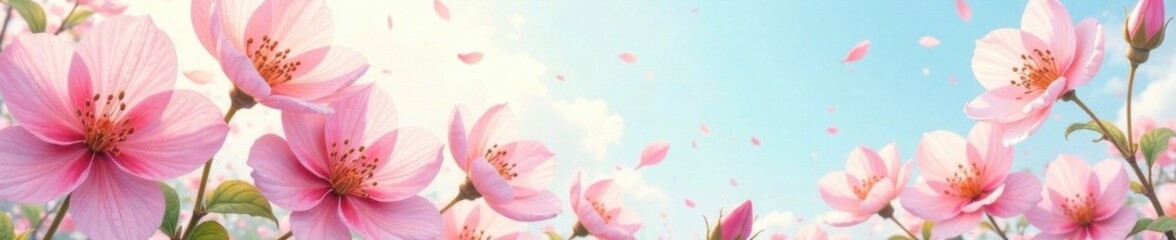 Obraz premium Watercolor blooming flowers in soft pastel hues against a serene spring sky with gentle breeze, peaceful, calm, flowers