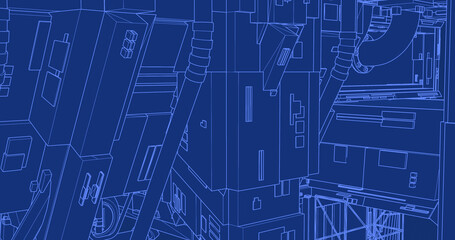 Blue line drawing building industrial shapes high-tech construction abstract blueprint