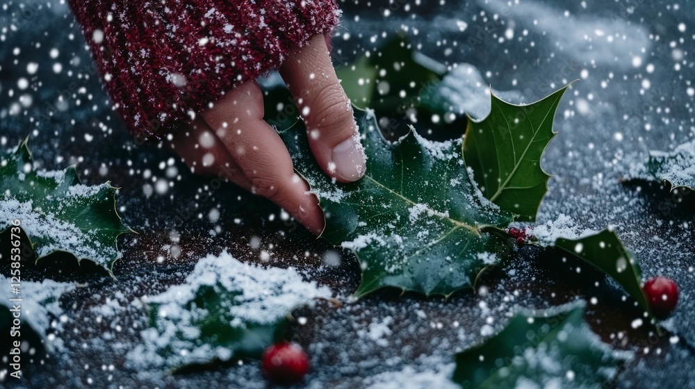 Wall mural Hand Gently Touching Snowy Holly Leaves on Dark Background