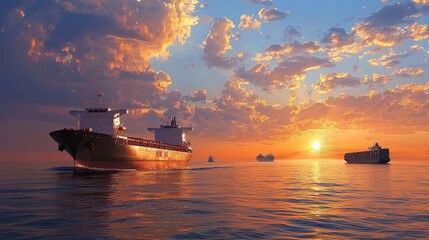 Fototapeta premium A vibrant sunset over cargo ships in calm ocean waters.
