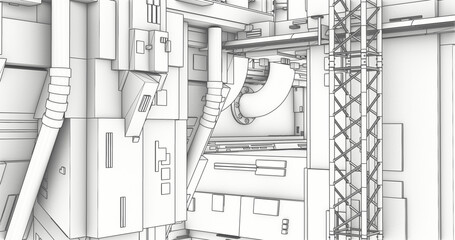 Wireframe industrial building blueprint steel beams machinery equipment Sci-Fi line art black outline white background 4K 3D HD © Troy Green