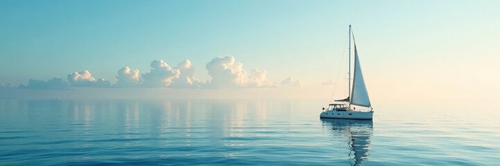 Fototapeta premium Small sailboat anchored in a calm sea with no wind, oceanic, marine, nautical