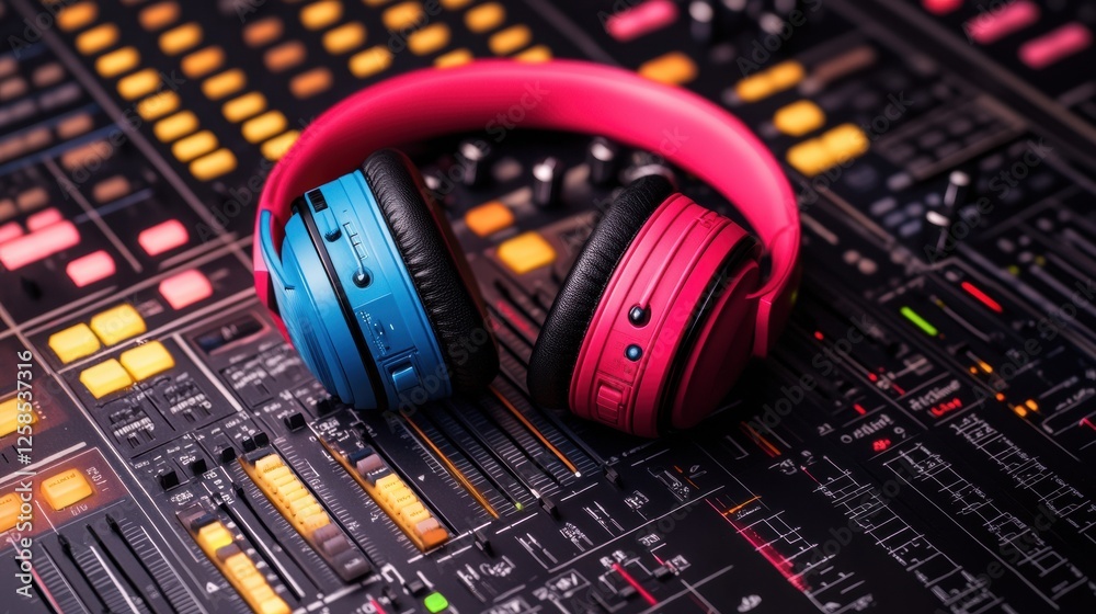 Poster colorful headphones rest on a music mixer in a vibrant recording studio showcasing creativity and so