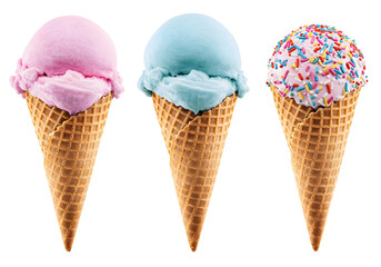 Three colorful ice cream cones against a transparant background