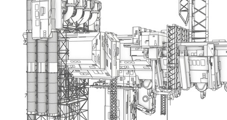 Industrial factory line art front view black outline 4K HD black outline 