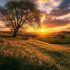 Fototapeta premium Golden Sunset Over Rolling Hills and Lone Tree