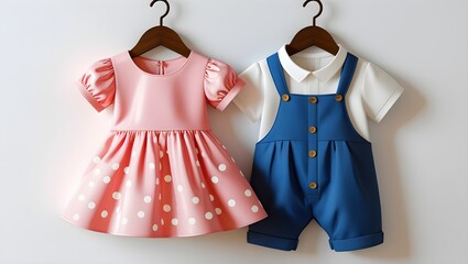 Adorable Children's Outfits – Pink Dress & Blue Romper Illustration