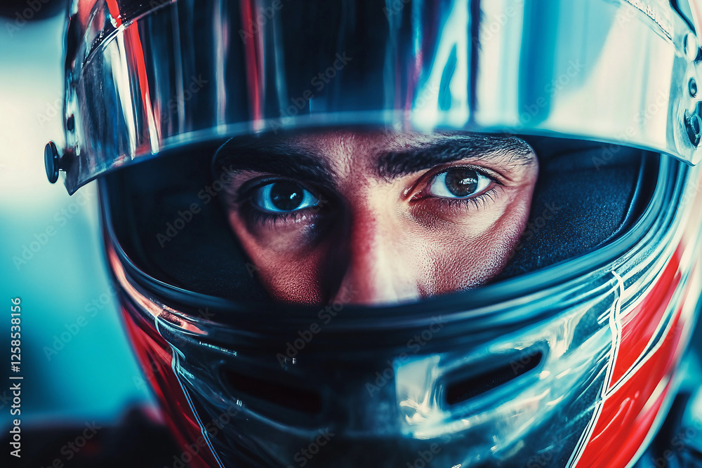 Wall mural Intense portrait of a focused car racer in a helmet showcasing determination and speed, generative AI