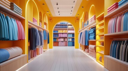 A vibrant fabric store featuring neatly arranged colorful textiles, illuminated by warm lighting and showcasing an inviting shopping atmosphere.