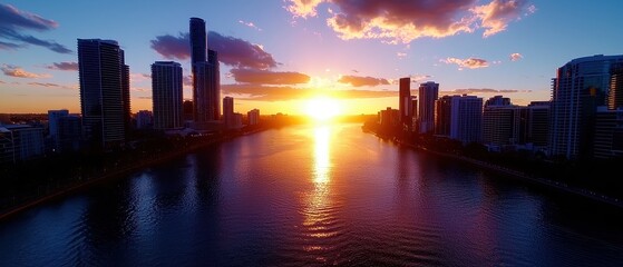 Breathtaking sunset over a city skyline reflected in the shimmering water.