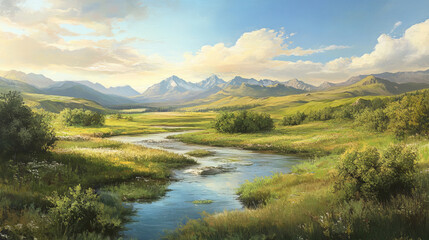 Obraz premium Summer landscape of valley with river, green grass, bushes, and mountains on horizon. Vector cartoon illustration of nature scene with water stream, meadow, and rocks