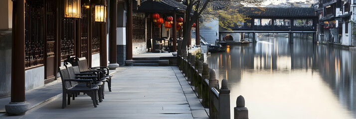 Tranquil Canal-side Pathway in Ancient Town,  Wooden Benches Await Peaceful Moments by Water's Edge.