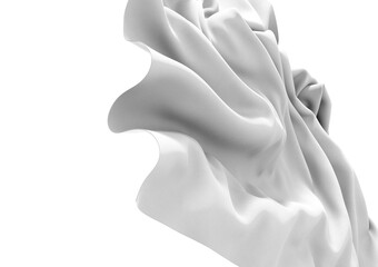 A smooth white fabric drapes gracefully in a wave like form. The light reflects off the surface creating a subtle glossiness, making the fabric seem almost liquid