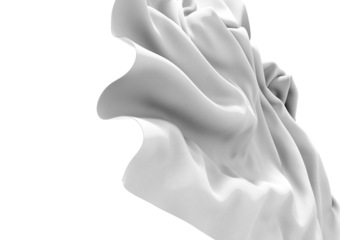 A smooth white fabric drapes gracefully in a wave like form. The light reflects off the surface creating a subtle glossiness, making the fabric seem almost liquid