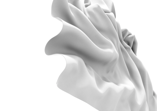 A smooth white fabric drapes gracefully in a wave like form. The light reflects off the surface creating a subtle glossiness, making the fabric seem almost liquid
