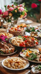 Fototapeta premium Gathered around a beautifully arranged table, family and friends enjoy a lavish Eid dinner filled with vibrant dishes, fresh fruits, and festive decorations, all celebrating the spirit of Ramadan