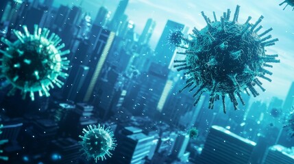 Obraz premium Virus spread simulation over urban landscape city environment digital art scientific visualization aerial perspective health concept