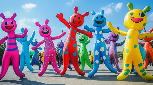 Grand opening promo posters with inflatable figures, dancing colorful men with funny faces, legs and arms. Balloon moving characters for outdoor promotion or decoration, Cartoon vector illustration