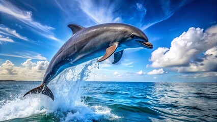 Fototapeta premium Blue Bottlenose Dolphin Aerial Leap, Ocean Wildlife, Marine Mammal, Aquatic Animal, Nature Photography