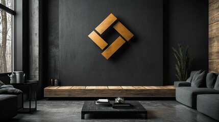 Gold geometric art in dark modern living room