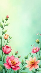 Watercolor floral motifs on a soft pastel green background, green, flower motif, botanical